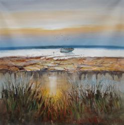 Impressionism Landscape #408 - Boat and grass seaside